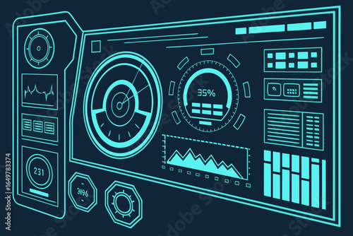 Futuristic digital interface with graphs and data displays