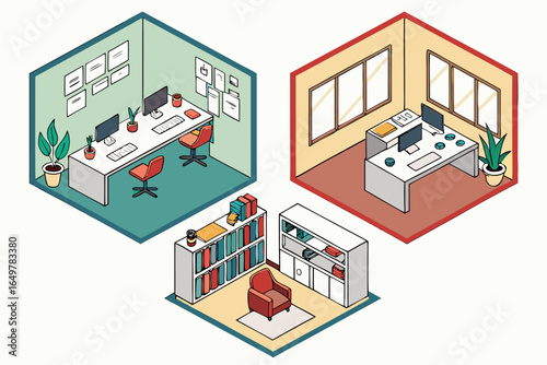 Isometric view of three modern office spaces with desks chairs and bookshelves