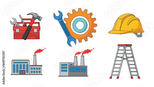 Industrial and Construction Icons: A collection of vector icons representing construction and industry, including tools, equipment, and facilities, perfect for illustrating various themes