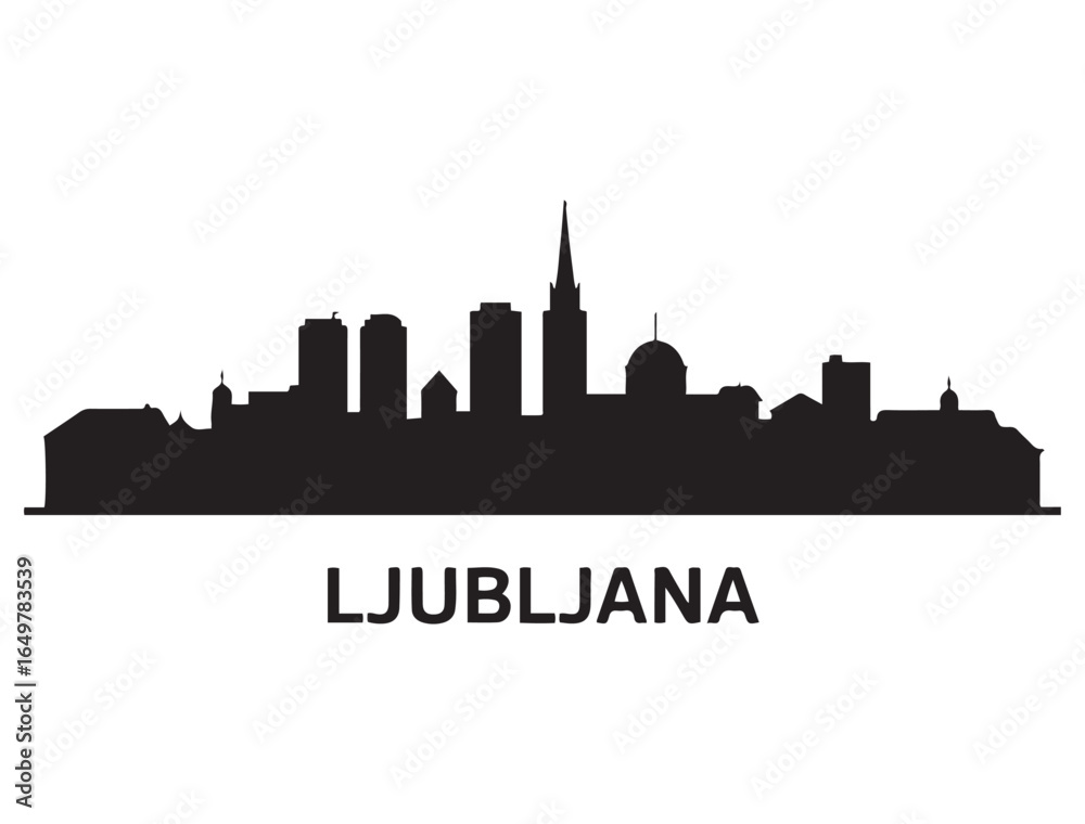 Fototapeta premium Panoramic View of Downtown Ljubljana Skyline. Ljubljana city black silhouette skyscrapers and buildings. Long cityscape. Vector black silhouette. with white background