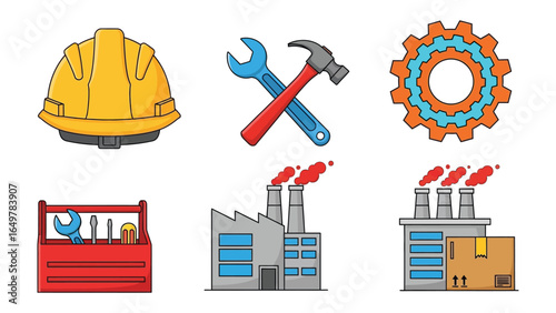 Factory and Gear Illustration: A collection of illustrative elements showcasing industrial tools and machinery, emphasizing concepts of manufacturing and construction