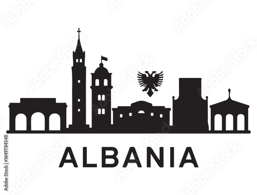 Vector Albania skyline. Travel Albania famous landmarks. Business and tourism concept for presentation, banner, web site. Vector black silhouette. with white background