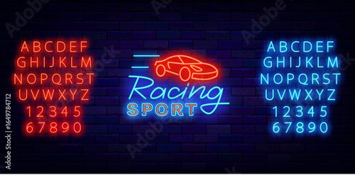 Racing sport neon label with red car. Auto tournament. Drift show. Vector stock illustration