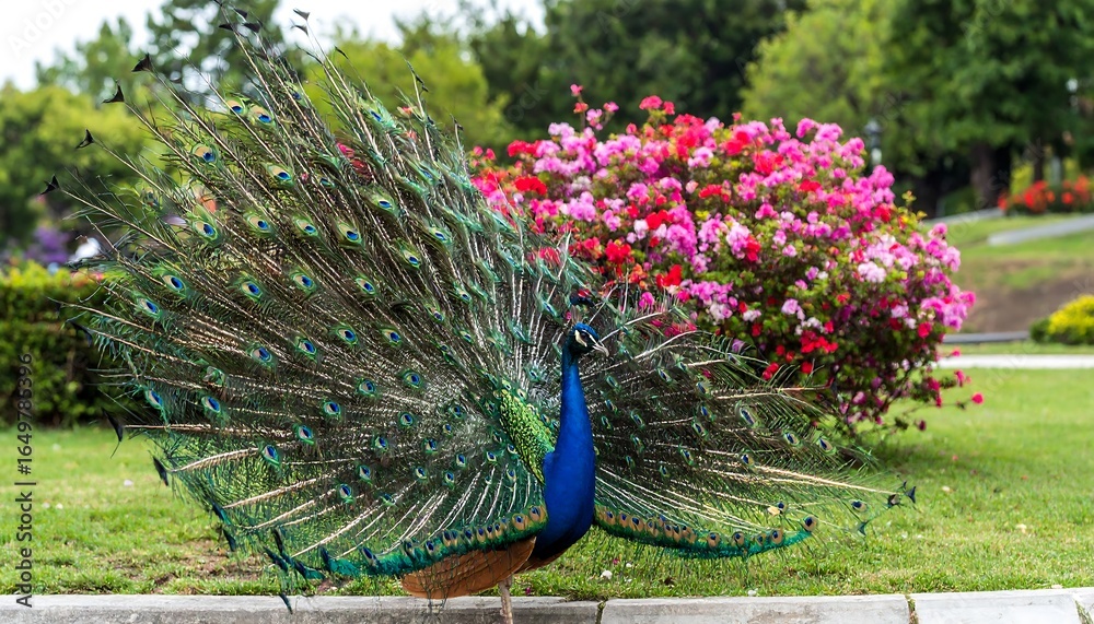 Obraz premium Peacock displaying its vibrant plumage in a park