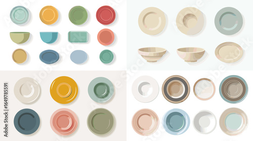 Modern illustration of ceramic tableware including colorful plates, bowls, and dishes in minimalist style. Kitchen dining collection for food presentation.