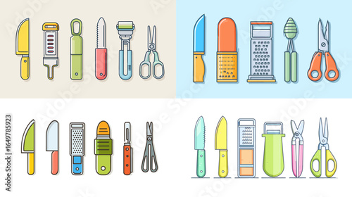 Illustration of assorted kitchen utensils including knives, peelers, graters, and scissors. Flat vector culinary tools for cooking and food preparation.