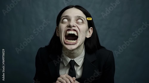 Seamless loop of a screaming possessed woman with white eyes rolled back. The intense footage is heavily distorted by digital noise and glitch transitions.
