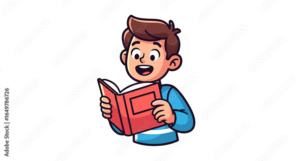 Fototapeta premium Cartoon boy with open book, engaged in reading.