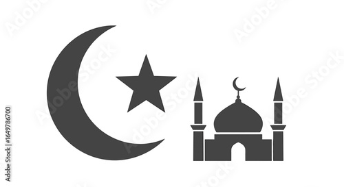 Islamic symbols, crescent moon, star, and mosque, arranged on a white background.