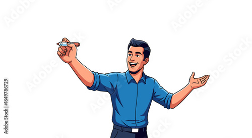 Cartoon man in a blue shirt presenting, drawing on an invisible board.