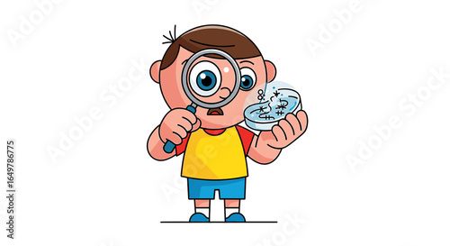 A young boy with a magnifying glass examines a petri dish containing small samples.