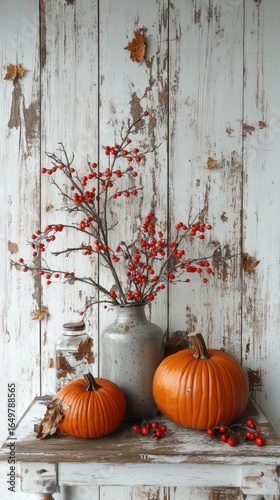 Rustic Autumn Still Life: Pumpkins, Berries, and Whitewashed Wood