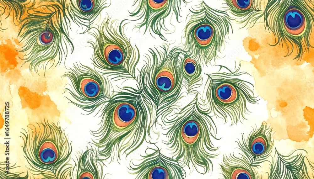 Obraz premium Peacock feather pattern on a white background with watercolor splatters