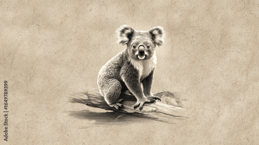 Obraz premium Monochromatic koala perched on a branch, against a rustic paper-textured backdrop