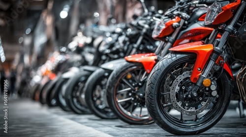 Showroom Showcase: Modern Motorcycles Lined Up at an Exhibition for Transport Enthusiasts