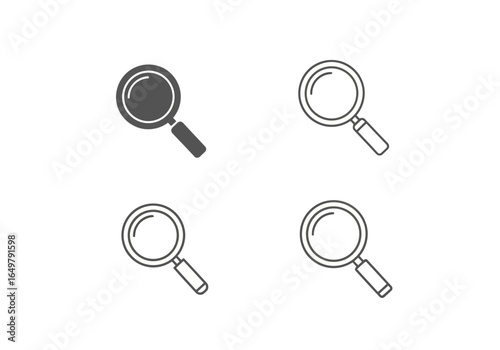 Vector art of set of four magnifying glass icons, representing search and discovery, isolated on white background