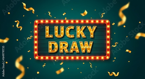 Lucky Draw Marquee Sign with Confetti on Green Background