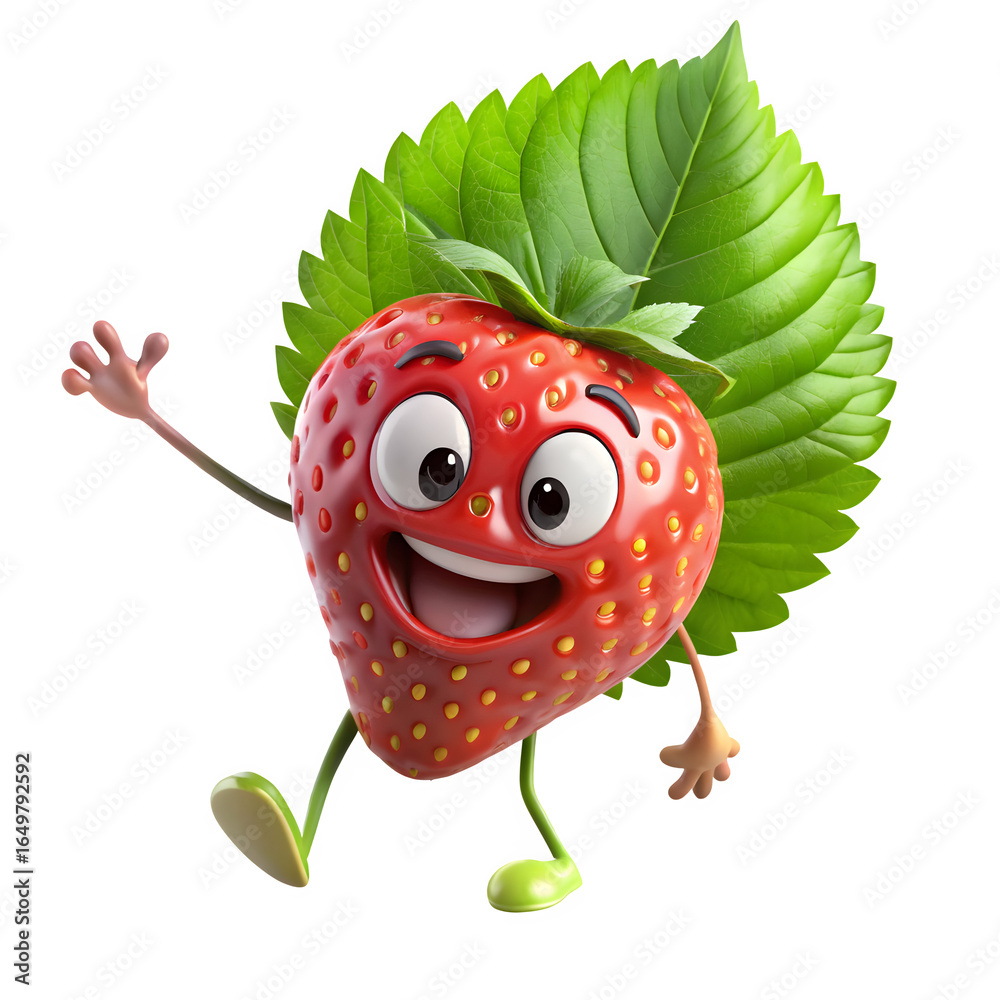 Fototapeta premium Happy cartoon strawberry character waving hello isolated on transparent background