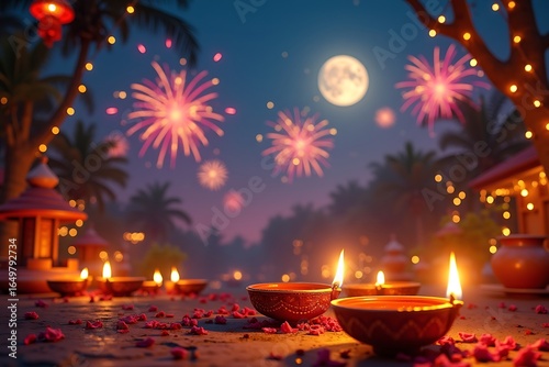 Diwali festival of lights with fireworks and diyas