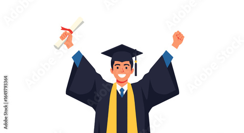 Joyful graduate celebrates academic achievement, holding diploma aloft.