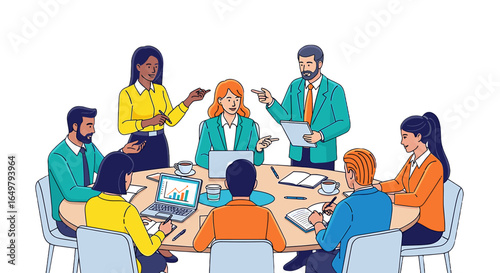 Diverse businesspeople seated around a table, engaged in a collaborative meeting, discussing ideas and documents.