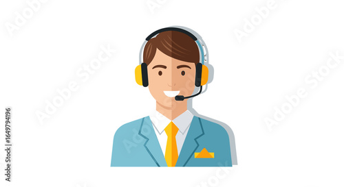 Smiling customer service representative wearing headphones and headset.