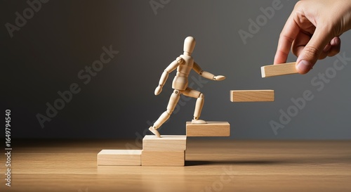 A helping hand builds a wooden staircase for a figure, a concept of mentorship, career development, support, and personal growth.