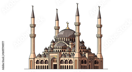 Grand mosque illustration, detailed architectural rendering showcasing minarets and domes.