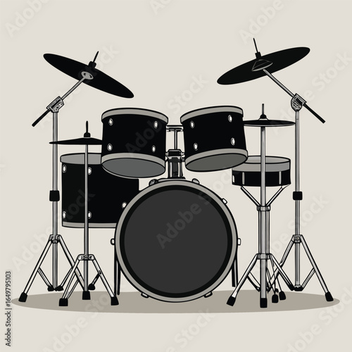 Dog playing a drum kit illustration with vibrant colors and classic fonts