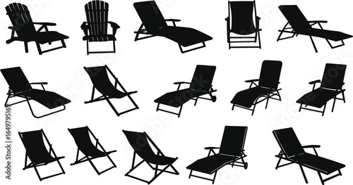 Beach chair silhouette set, sun loungers, folding chairs, deck chairs, outdoor furniture icons, vector illustration, poolside relaxation design elements