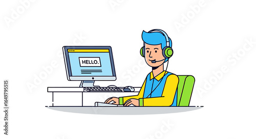 Cartoon illustration of a customer service representative with headset working at a computer, with "HELLO" on the screen.