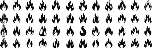 Black flame icon set, abstract fire symbols, vector flames collection, burning shapes, graphic design elements, minimalist fire illustrations
