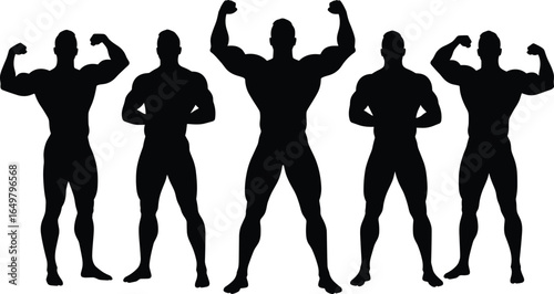 Bodybuilder silhouette vector set, muscular male posing flexing biceps, fitness athlete black illustration, gym workout bodybuilding clipart