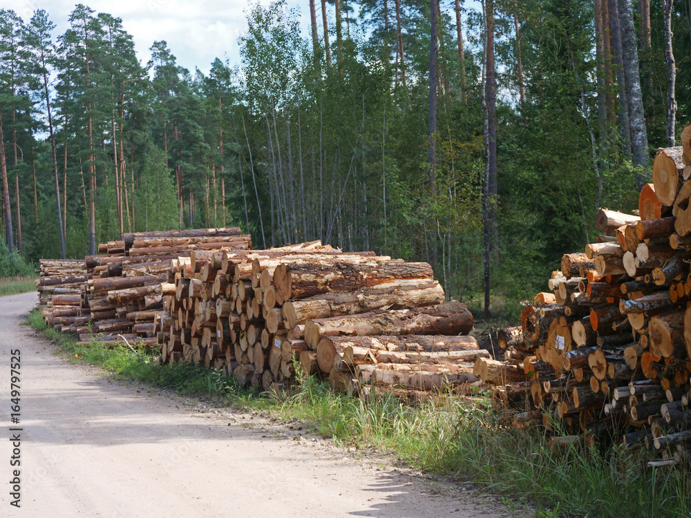 Large Piles of Cut Timber Logs Stacked by a Dirt Road Next to a Pine Forest Large Piles of Cut Timber Logs Stacked by a Dirt Road Next to a Pine Forest
