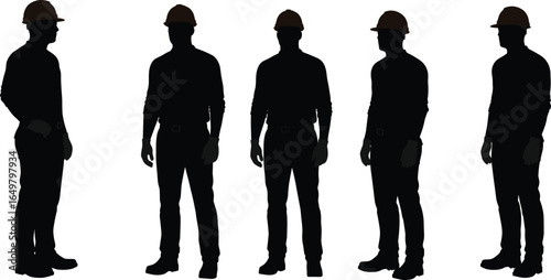Construction workers silhouette, industrial team safety, hard hats, teamwork, labor force, engineering crew, factory staff, occupational safety, worksite unity