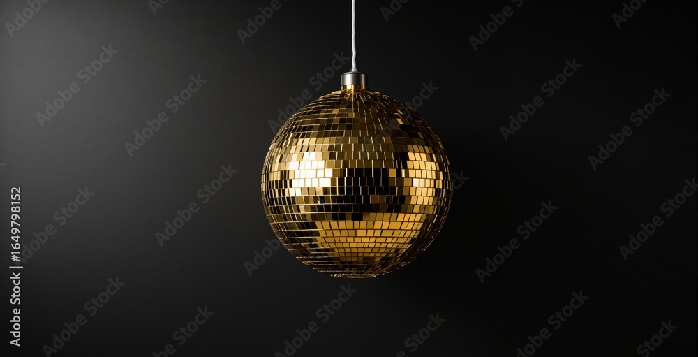 Obraz premium Shiny golden disco ball hanging from ceiling against dark background, symbolizing nightlife and celebration concept in modern minimal composition. Ai generative