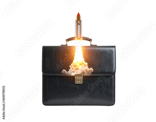 Untitled design - Business Briefcase Transforming into Rocket Launch, Front View, Isolated Transparent Background PNG