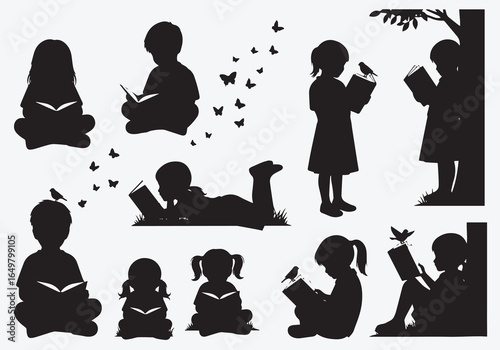Diverse Silhouettes of Children Enjoying Books and Nature