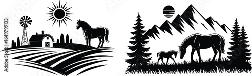Farm and mountain horse landscape illustration, rural scenery with barn, horse silhouettes, countryside field, nature scene with forest, pasture and animals