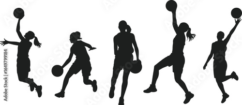 Female basketball player silhouettes, action shots, dribbling, shooting, jumping, sport movement, athletic woman, basketball game, active lifestyle, competitive sport