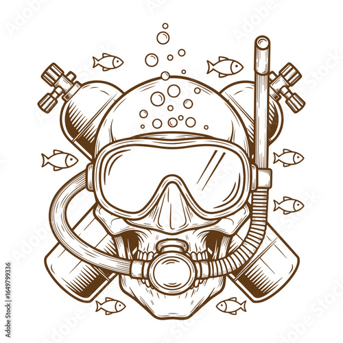 Skull with Scuba Gear and Fish - Vintage Line Art Illustration