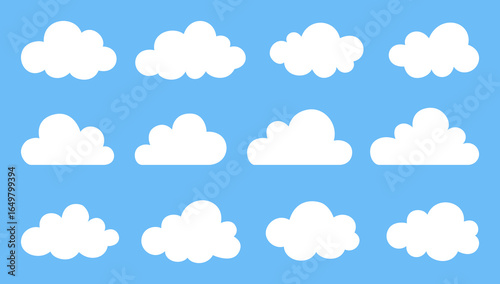 Flat clouds. Simple cloudy shapes icons. Cartoon white clouds illustrations in blue sky. Abstract comic weather elements. Vector collection.