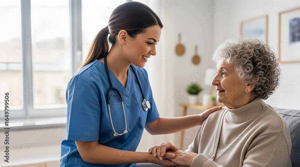Smiling Nurse Caring for Elderly Woman at Home in Bright Healthcare Setting Smiling Nurse Caring for Elderly Woman at Home in Bright Healthcare Setting