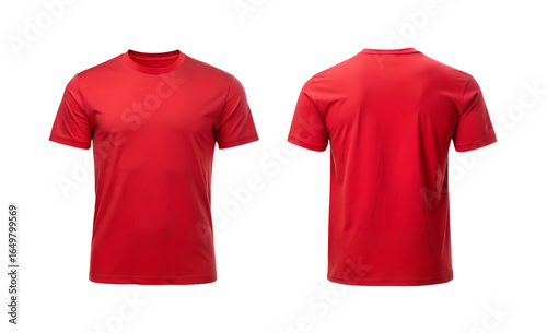 Two views of a red t shirt mockup on transparent background