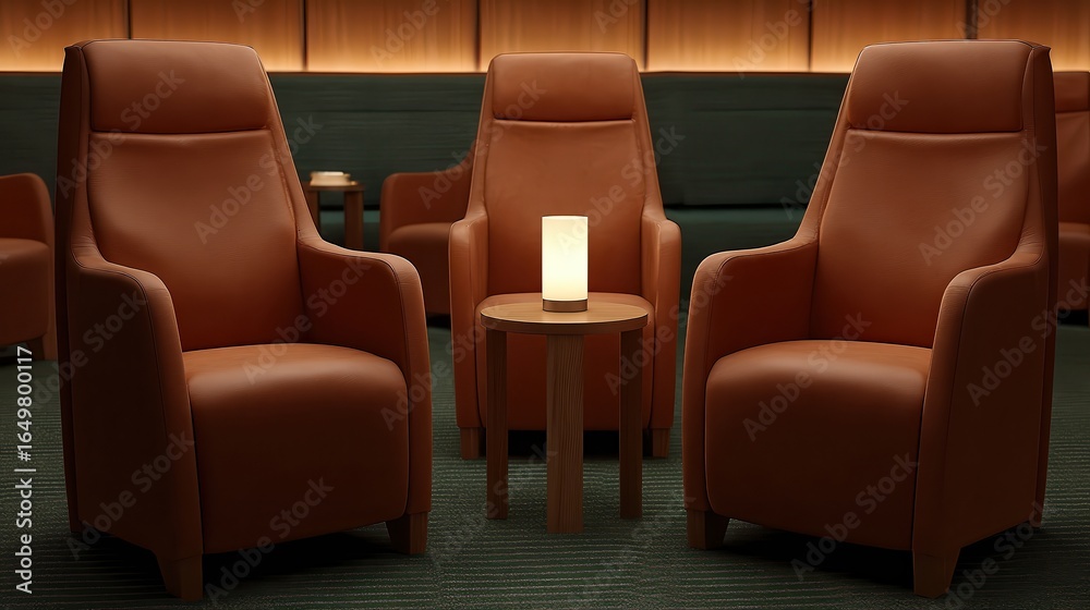 Obraz premium A cozy interior scene featuring three stylish brown lounge chairs arranged around a small wooden table with a lit candle, Perfect for use in articles or marketing related to comfort, relaxation