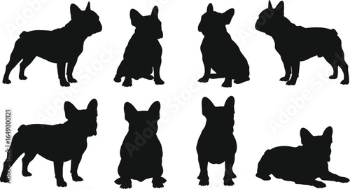 French Bulldog silhouettes in various poses, standing, sitting, lying down, black dog shapes, pet breed illustration, canine posture collection