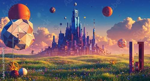 Digital realms merging 2D and 3D in vibrant palette
