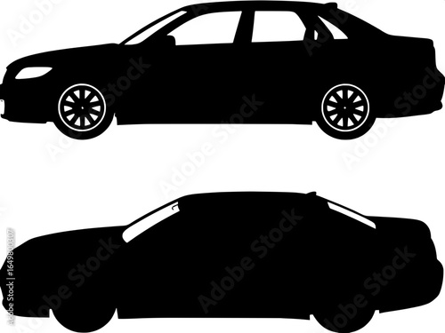"Automotive design concept in black and white: modern sedan silhouettes, front and angled views, simple geometric shapes, minimal but detailed enough to show windows, doors, and wheels."
