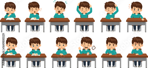 Cartoon boy expressing various emotions in classroom, reading book, learning, bored, confused, happy, angry, studying, education concept, student character illustration