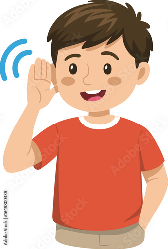 Boy listening with hand to ear, hearing gesture, sound wave illustration, curious child, attentive cartoon character, communication concept, listening skills, kid paying attention, alert boy